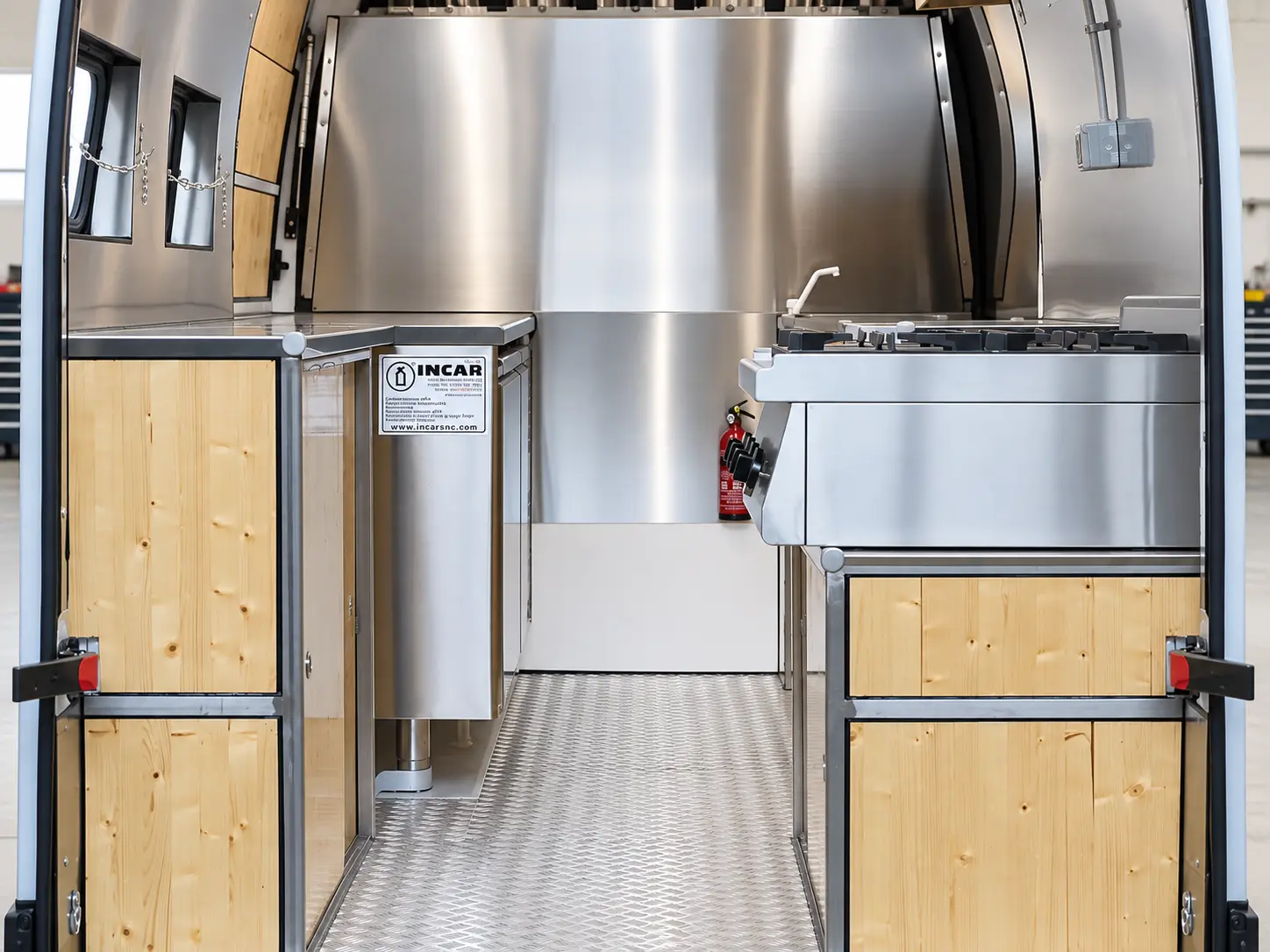Interno di food truck con attrezzature e finiture in acciaio