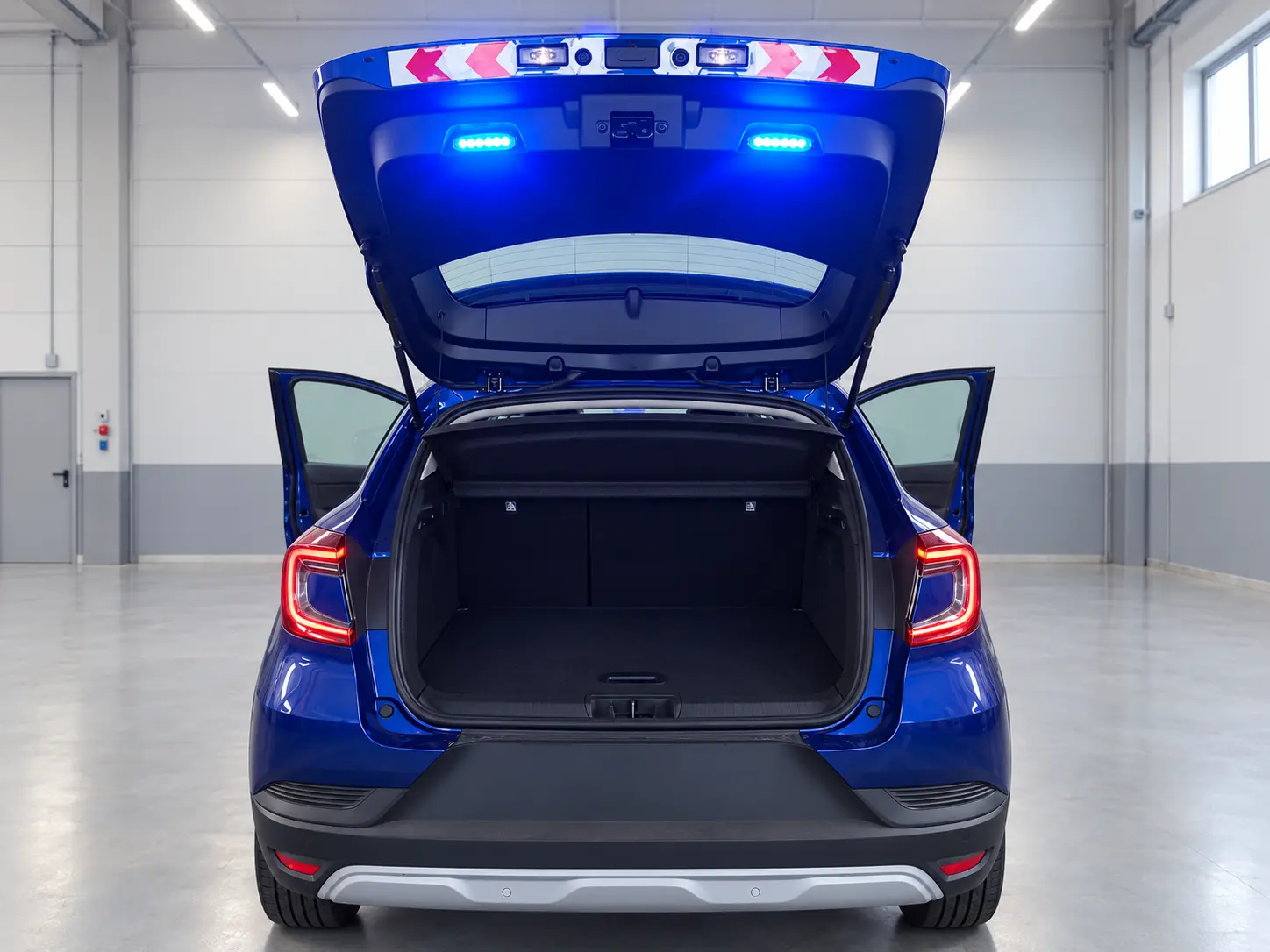 Portellone posteriore del veicolo Polizia Locale con moduli LED e luci di lavoro