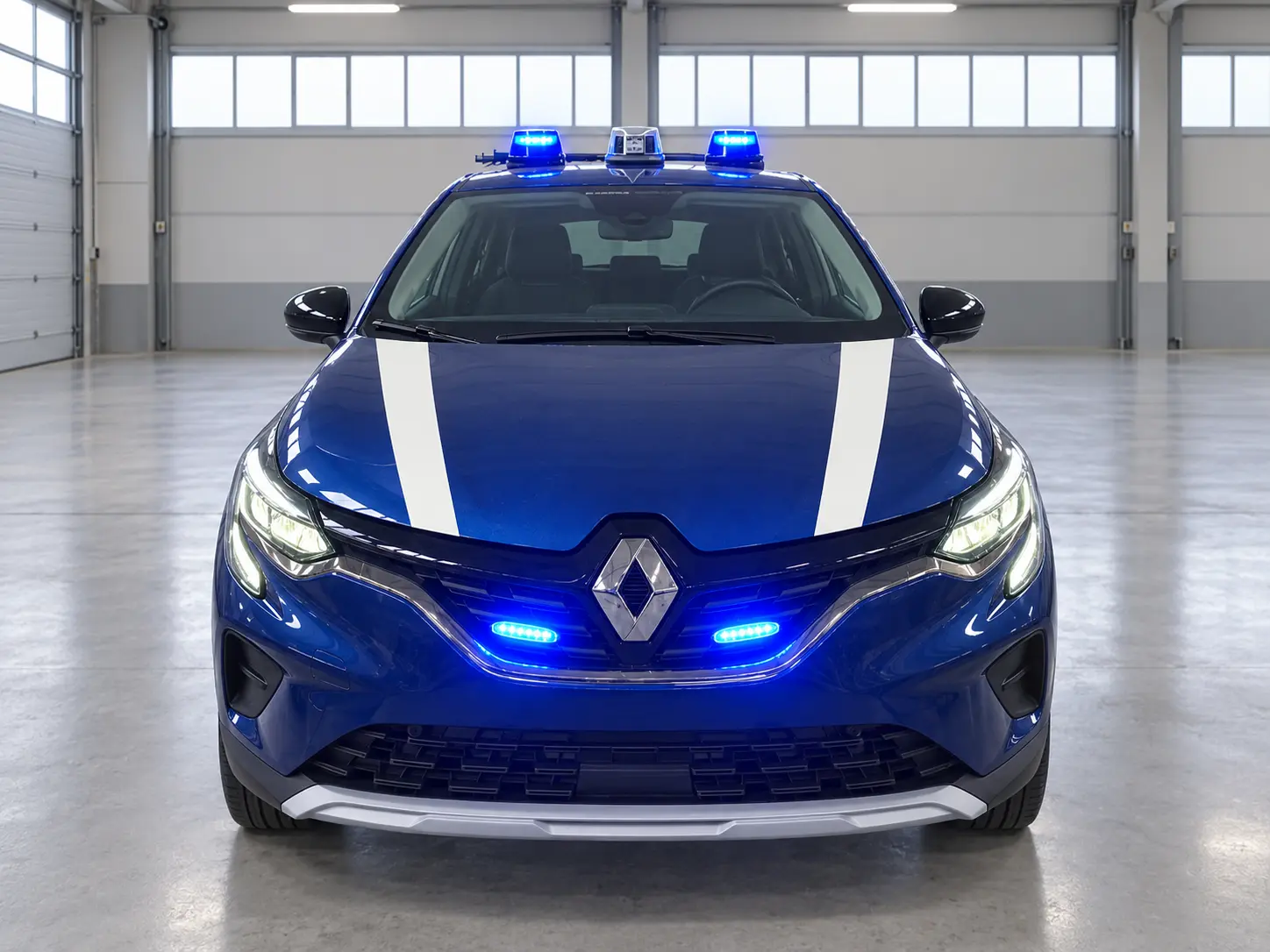 Frontale Renault Polizia Locale con lampeggianti sul tetto e moduli LED in calandra